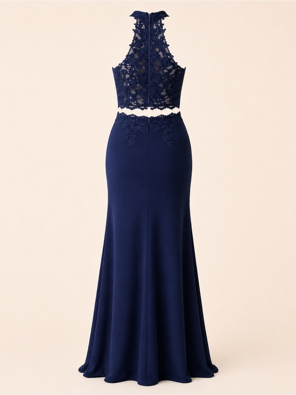 Dancing Queen Navy Blue Beaded Lace Two Piece Halter Prom Gown XL NWT - Picture 2 of 4
